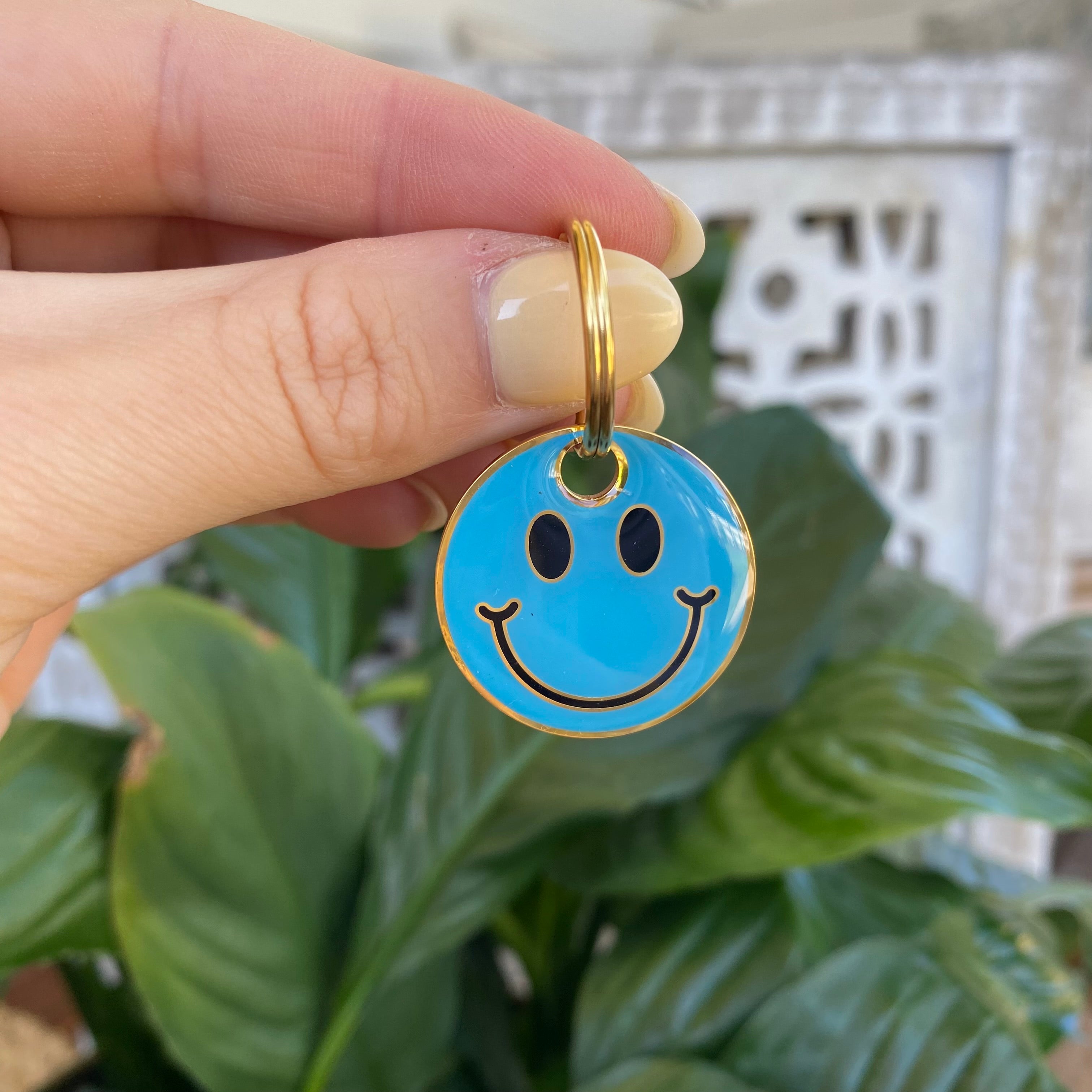 BLUE SMILEY FACE DOG TAG