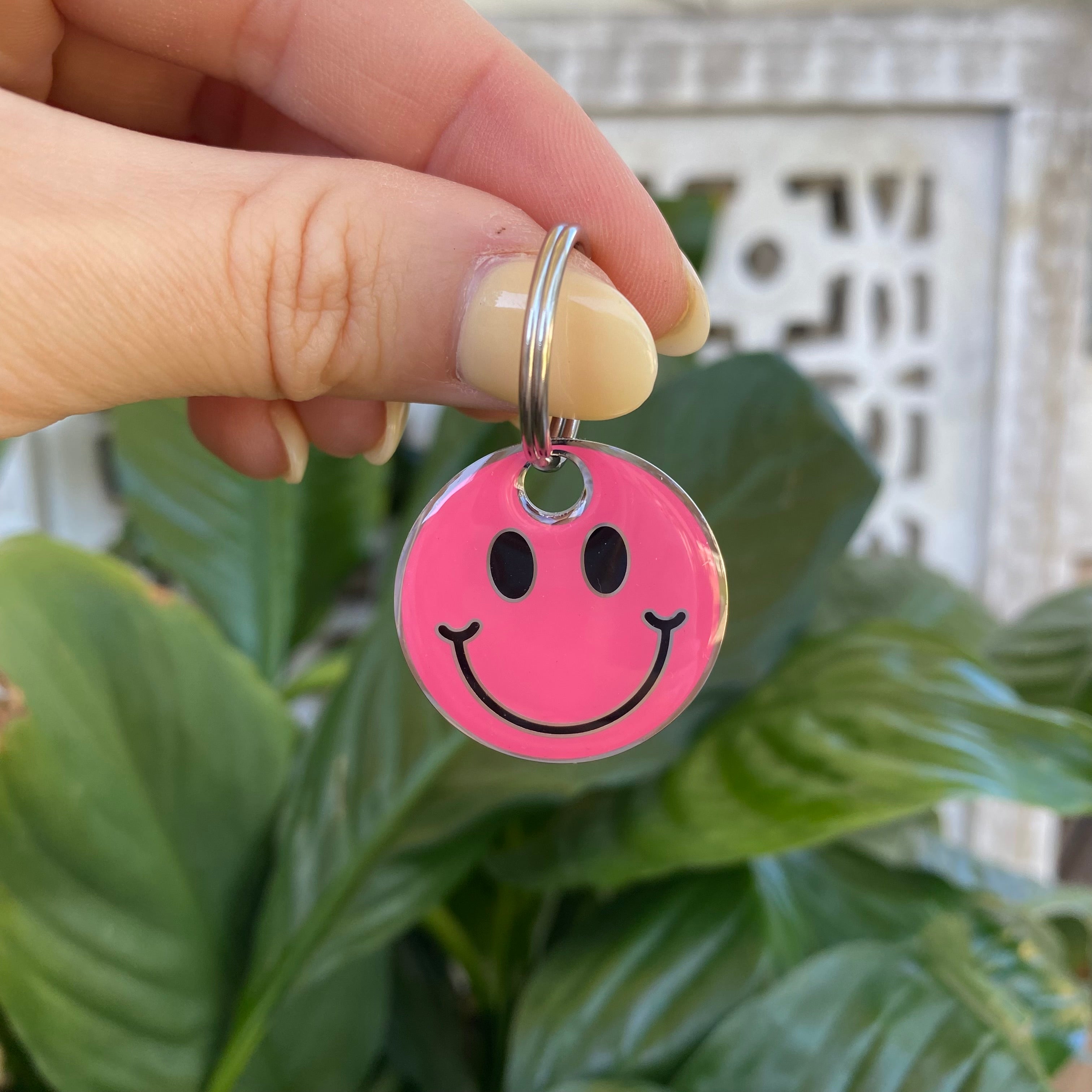PINK SMILEY FACE DOG TAG