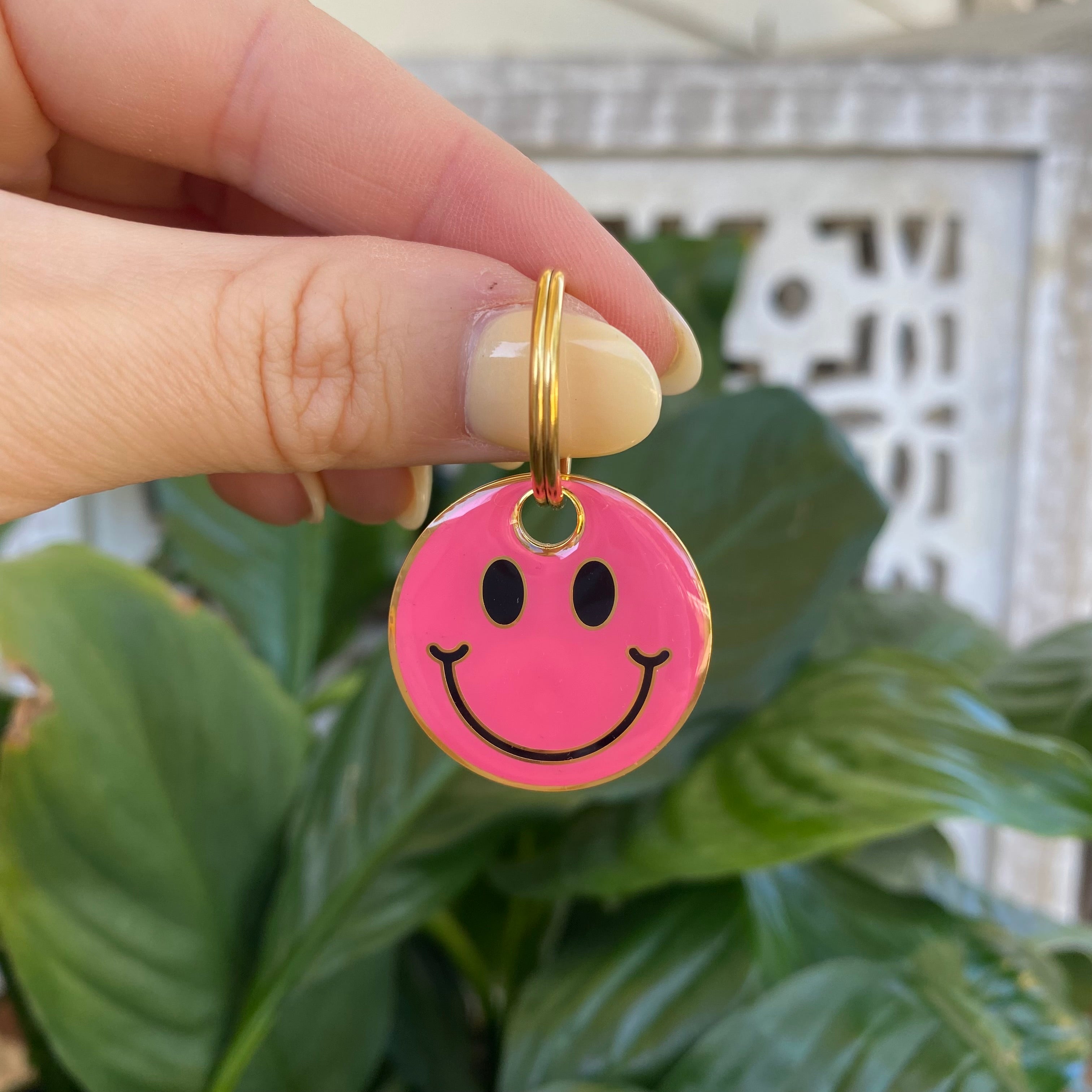 PINK SMILEY FACE DOG TAG