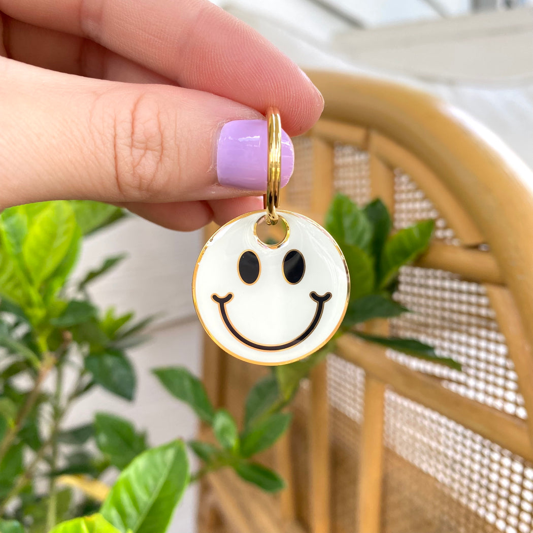BLUE SMILEY FACE ENGRAVED DOG TAG