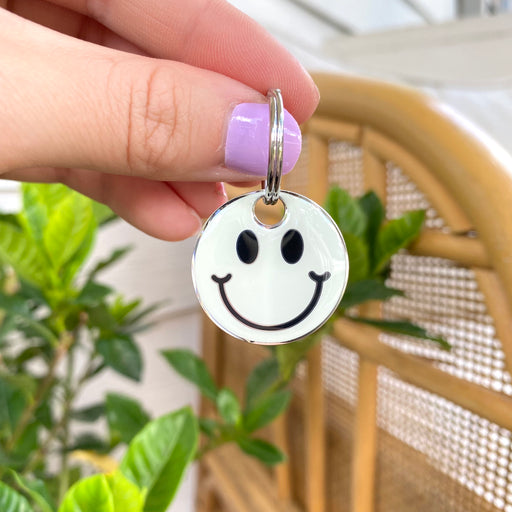 BLUE SMILEY FACE ENGRAVED DOG TAG