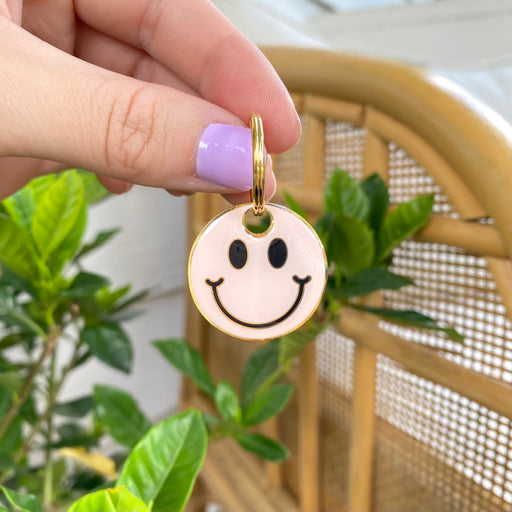 PINK SMILEY FACE ENGRAVED DOG TAG
