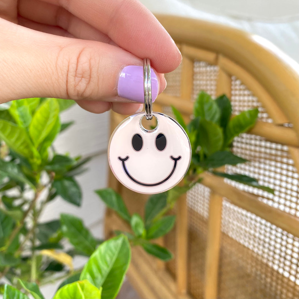 PINK SMILEY FACE ENGRAVED DOG TAG