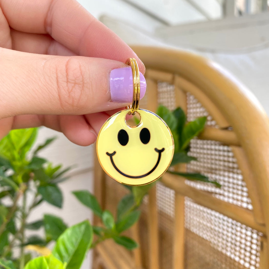 YELLOW SMILEY FACE ENGRAVED DOG TAG