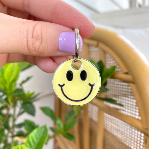 YELLOW SMILEY FACE ENGRAVED DOG TAG
